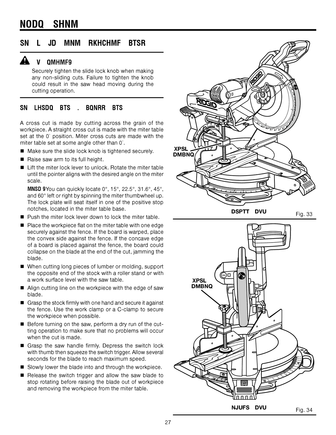 RIDGID MS1290LZA manual To Miter CUT / Cross CUT, See Figures 33, Cross CUT Work Clamp Miter CUT 