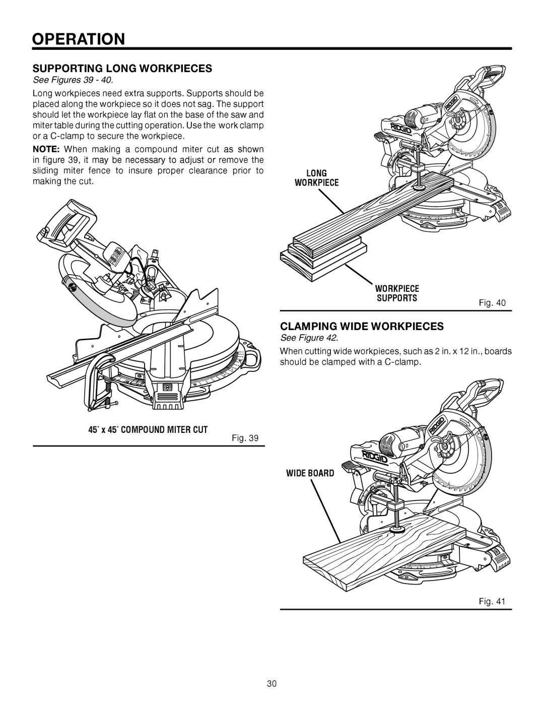 RIDGID MS1290LZA manual Supporting Long Workpieces, Clamping Wide Workpieces, 45 x 45 Compound Miter CUT, Wide Board 