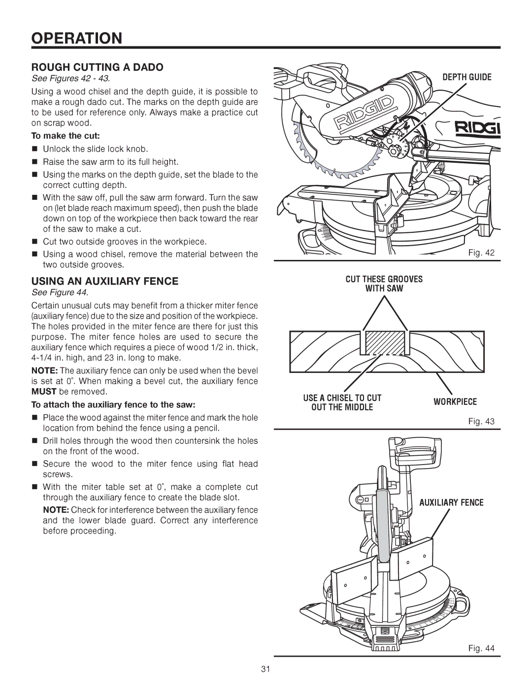 RIDGID MS1290LZA manual Rough Cutting a Dado, Using AN Auxiliary Fence, Depth Guide CUT These Grooves With SAW 