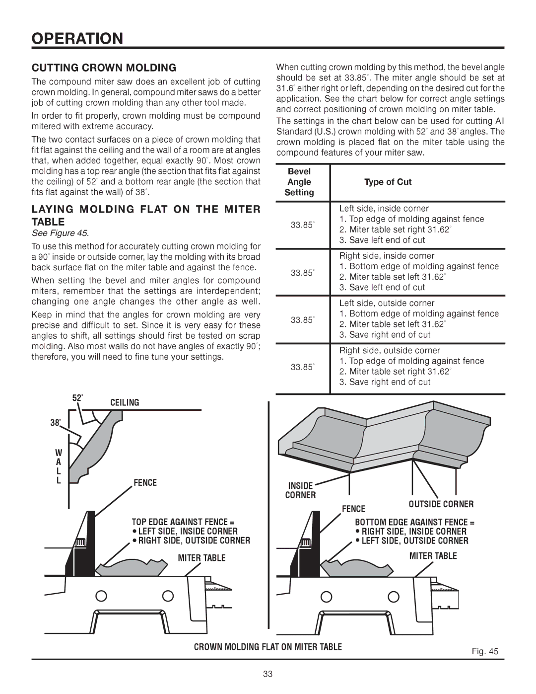 RIDGID MS1290LZA manual Cutting Crown Molding, Laying Molding Flat on the Miter Table, Ceiling, Inside Corner Fence 