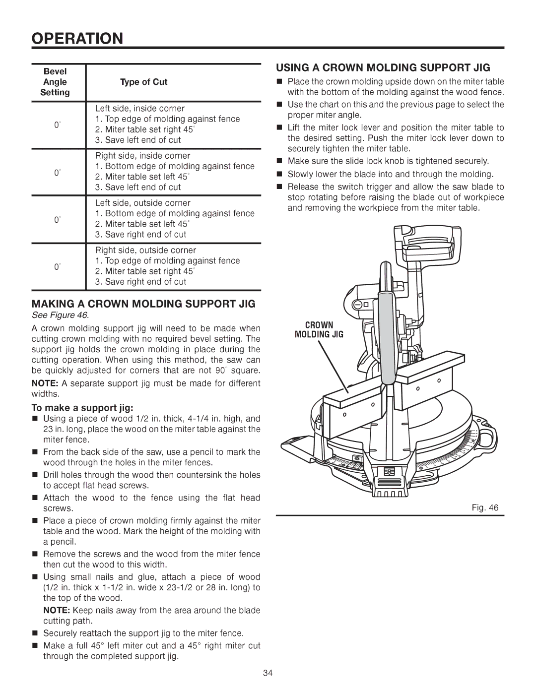 RIDGID MS1290LZA manual Making a Crown Molding Support JIG, Using a Crown Molding Support JIG, Crown Molding JIG 