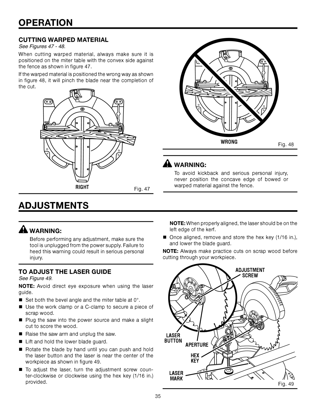 RIDGID MS1290LZA manual Adjustments, Cutting Warped Material, To Adjust the Laser Guide, Right Wrong 