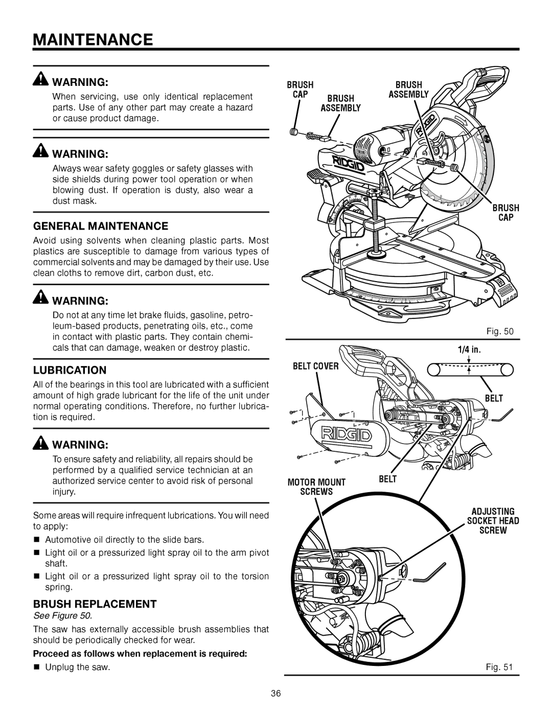 RIDGID MS1290LZA manual General Maintenance, Lubrication, Brush Replacement 