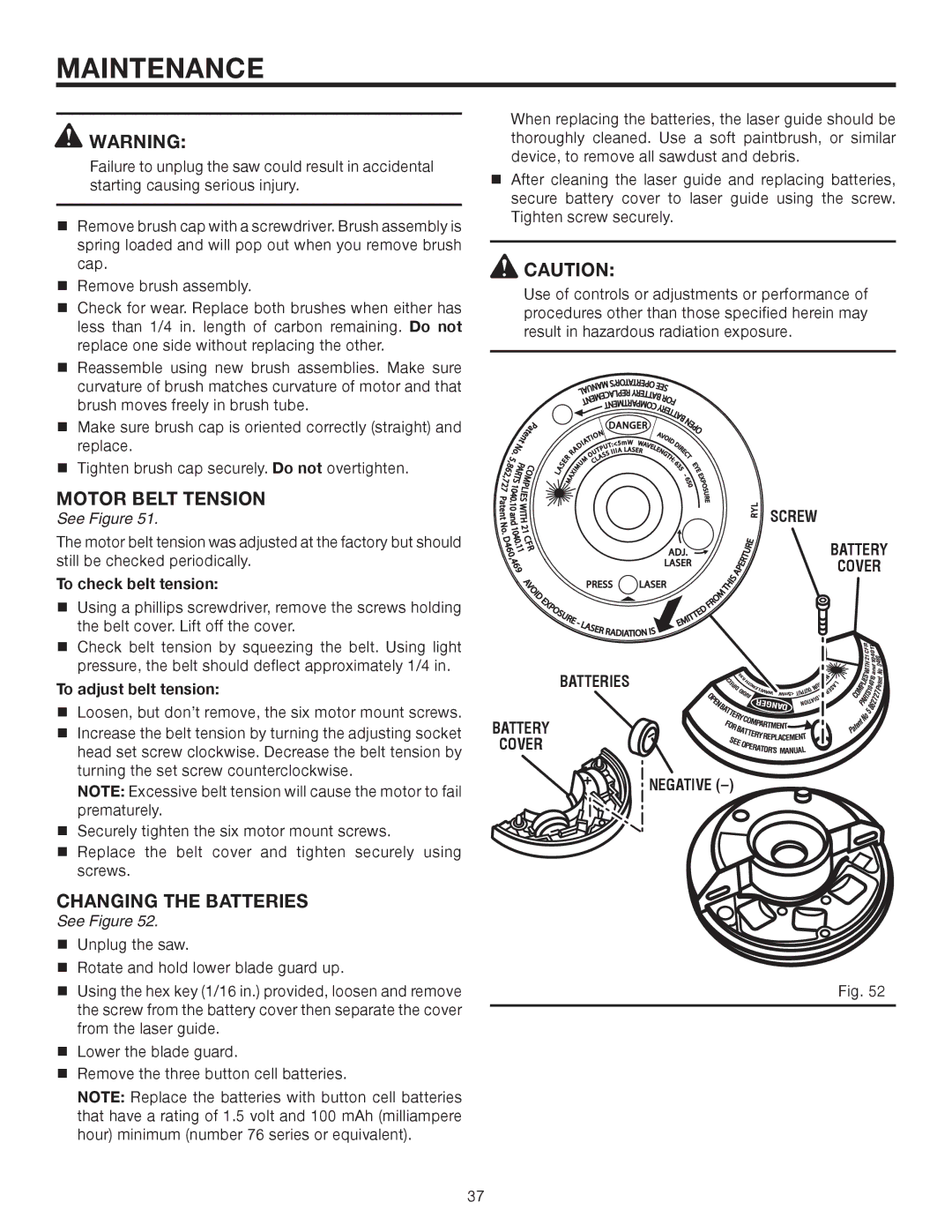 RIDGID MS1290LZA manual Motor Belt Tension, Changing the Batteries, To check belt tension, To adjust belt tension 