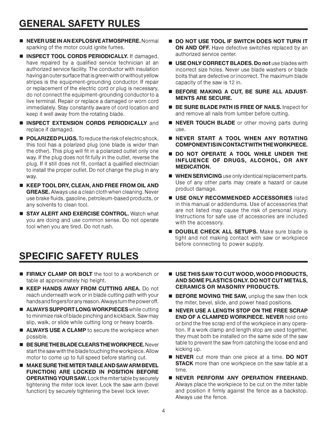 RIDGID MS1290LZA manual Specific Safety Rules,  Before Making a CUT, be Sure ALL ADJUST- Ments are Secure 