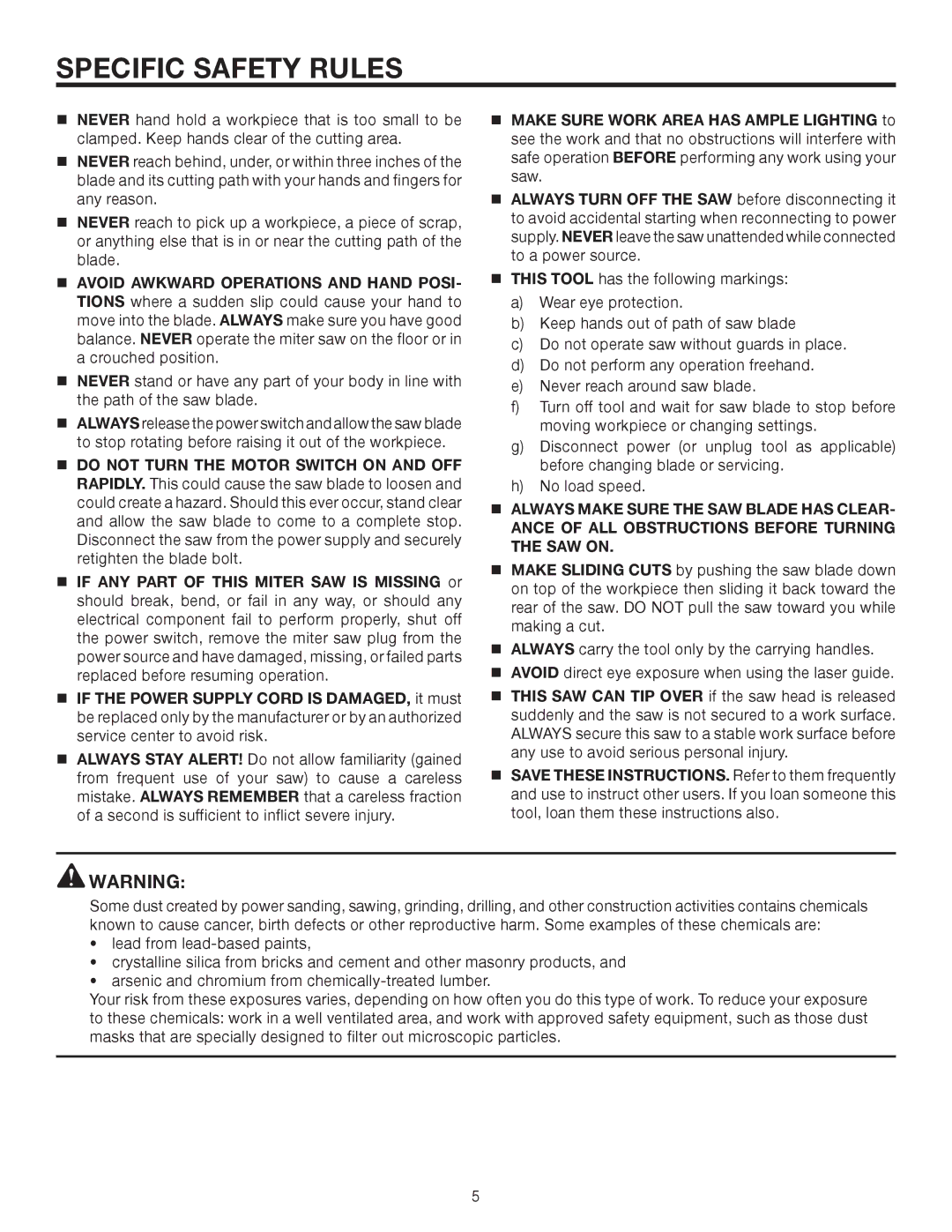 RIDGID MS1290LZA manual Specific Safety Rules 