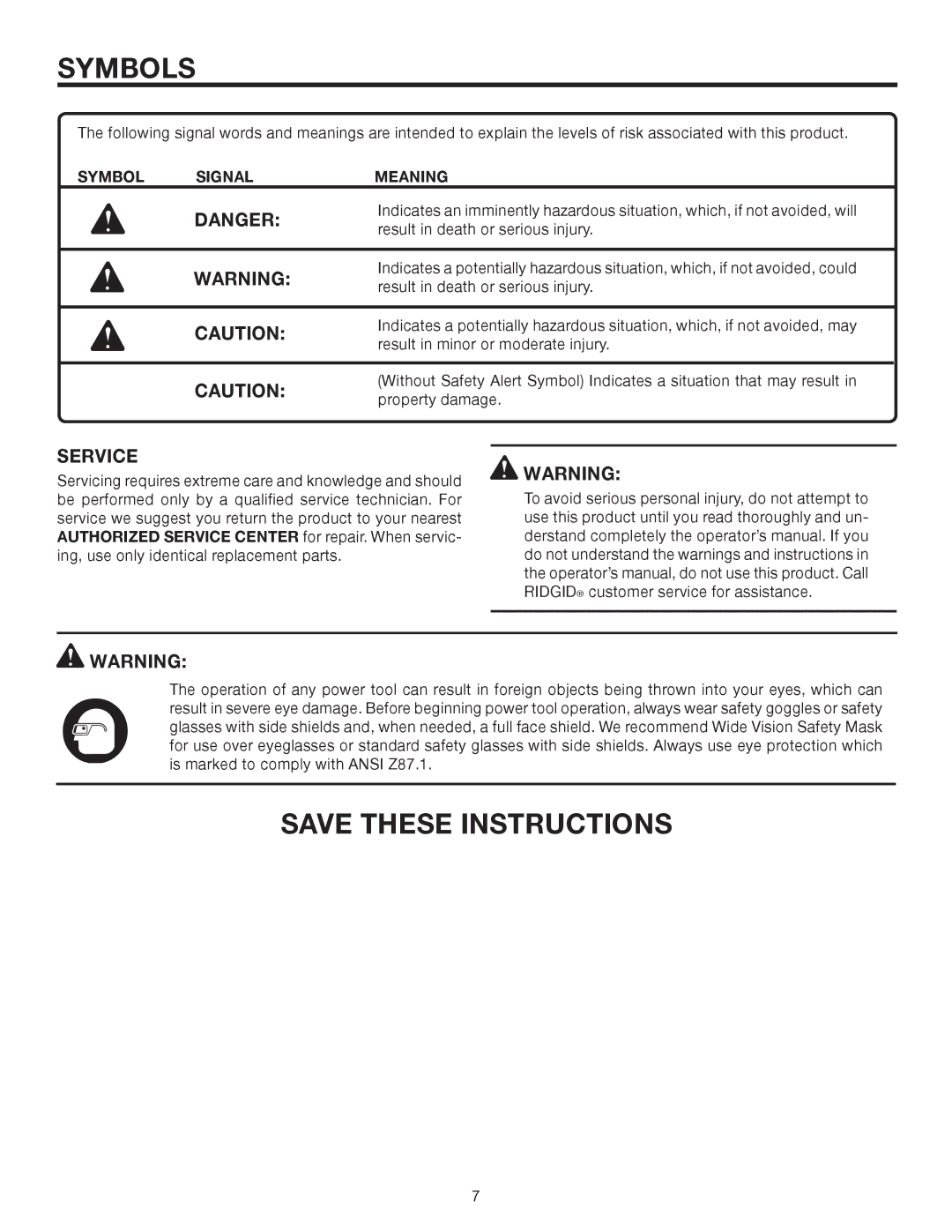 RIDGID MS1290LZA manual Service, Symbol Signal Meaning 