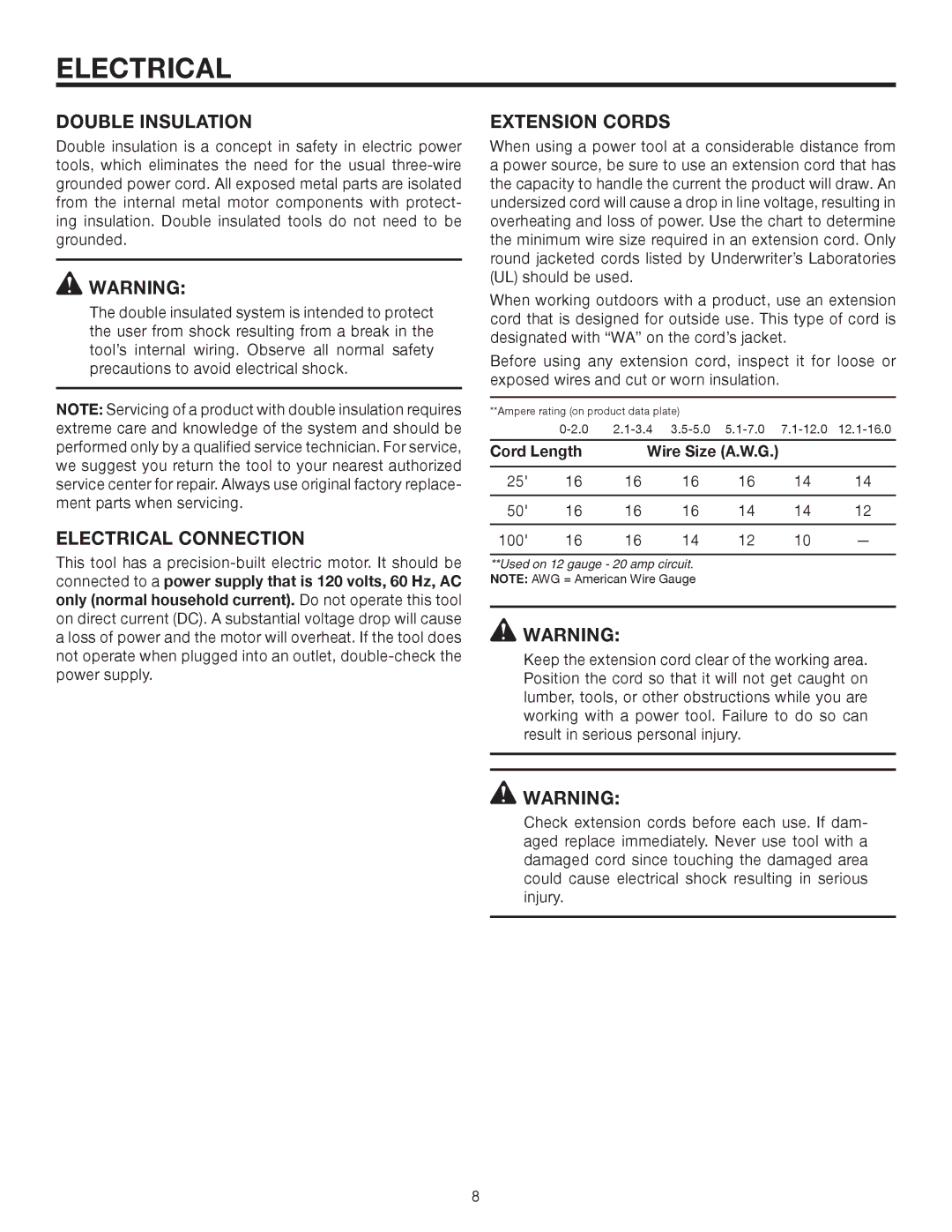 RIDGID MS1290LZA manual Double Insulation, Electrical Connection, Extension Cords, Cord Length Wire Size A.W.G 