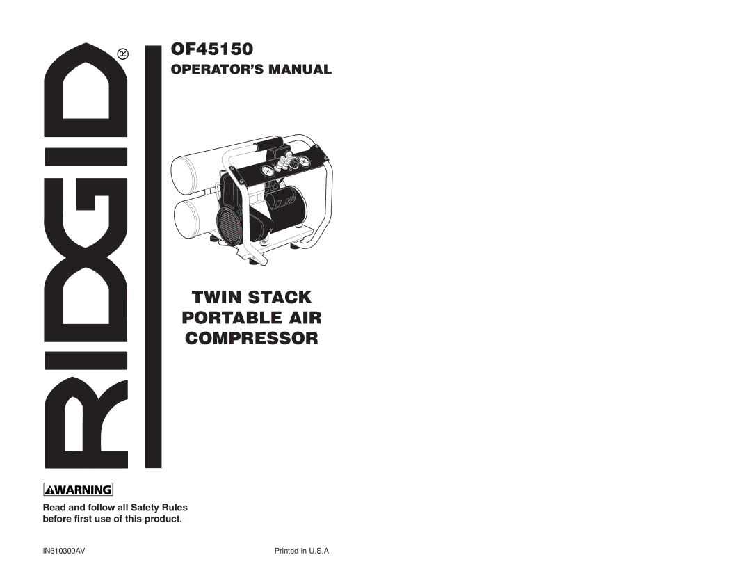 RIDGID OF45150 manual Twin Stack Portable AIR Compressor 