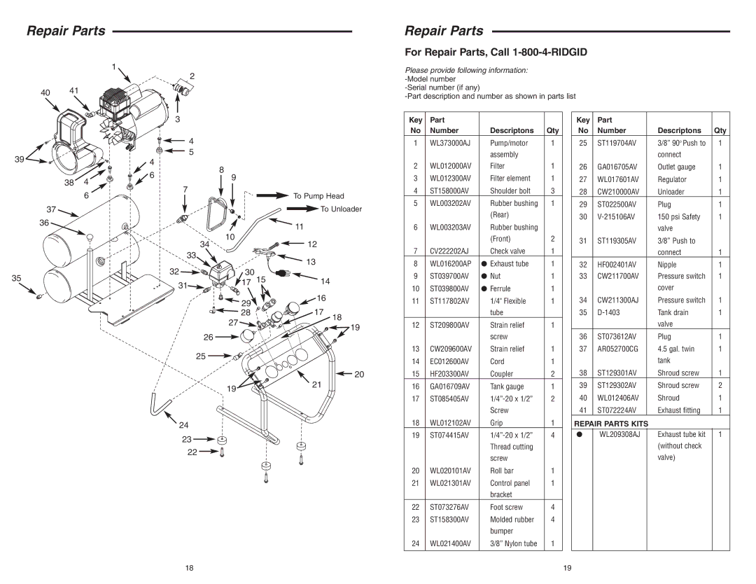 RIDGID OF45150 manual For Repair Parts, Call 1-800-4-RIDGID 