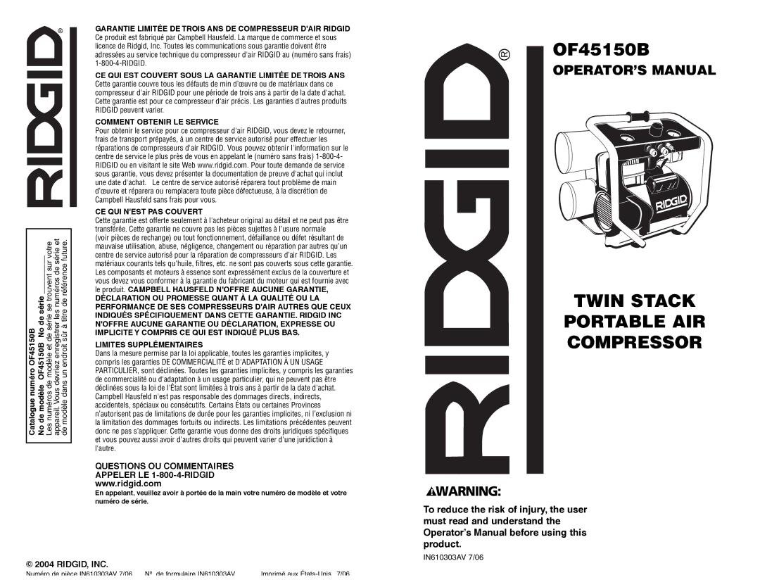 RIDGID OF45150B manual Ridgid, Inc 