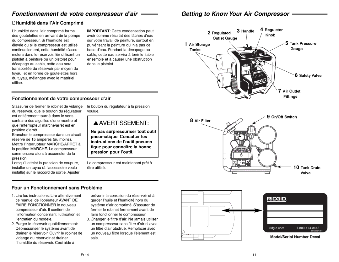 RIDGID OF45150B manual ’Humidité dans l’Air Comprimé, Fonctionnement de votre compresseur d’air 