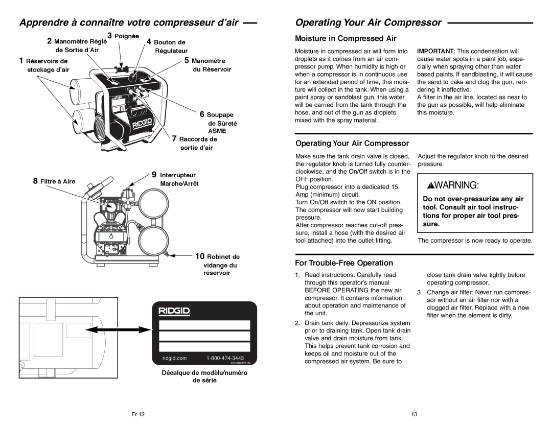 RIDGID OF45150B manual Moisture in Compressed Air, Operating Your Air Compressor, For Trouble-Free Operation 