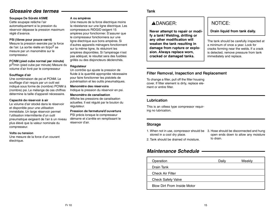 RIDGID OF45150B manual Glossaire des termes, Maintenance Schedule 