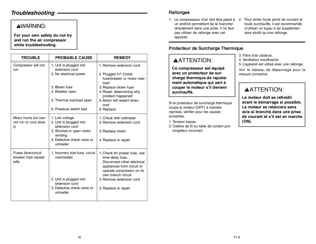 RIDGID OF45150B manual Troubleshooting, Rallonges, Protecteur de Surcharge Thermique 