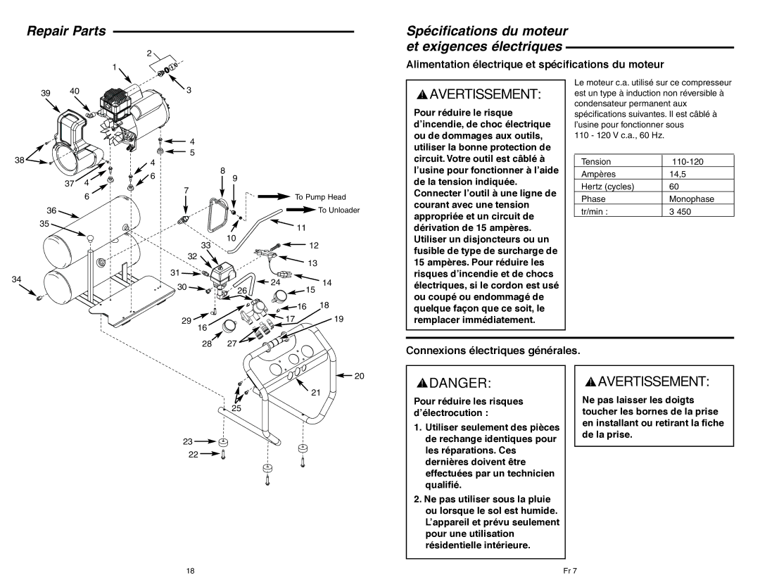 RIDGID OF45150B manual Repair Parts, Alimentation électrique et spécifications du moteur, Connexions électriques générales 