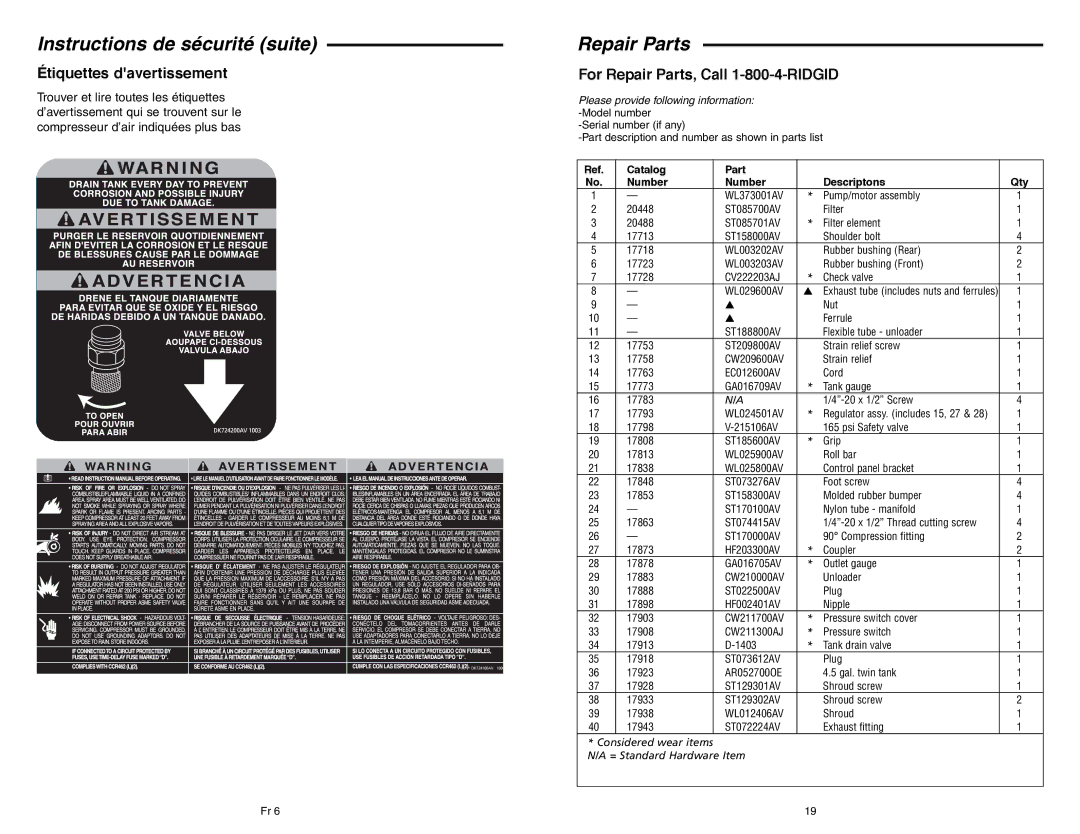 RIDGID OF45150B manual Instructions de sécurité suite, Étiquettes davertissement, For Repair Parts, Call 1-800-4-RIDGID 