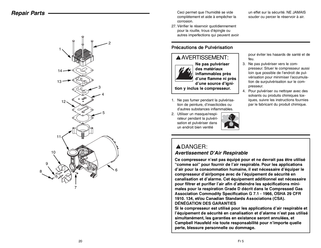 RIDGID OF45150B manual Avertissement D’Air Respirable, Précautions de Pulvérisation 