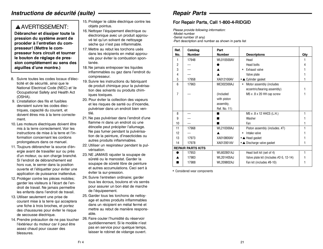 RIDGID OF45150B manual Instructions de sécurité suite Repair Parts, Repair Parts Kits 