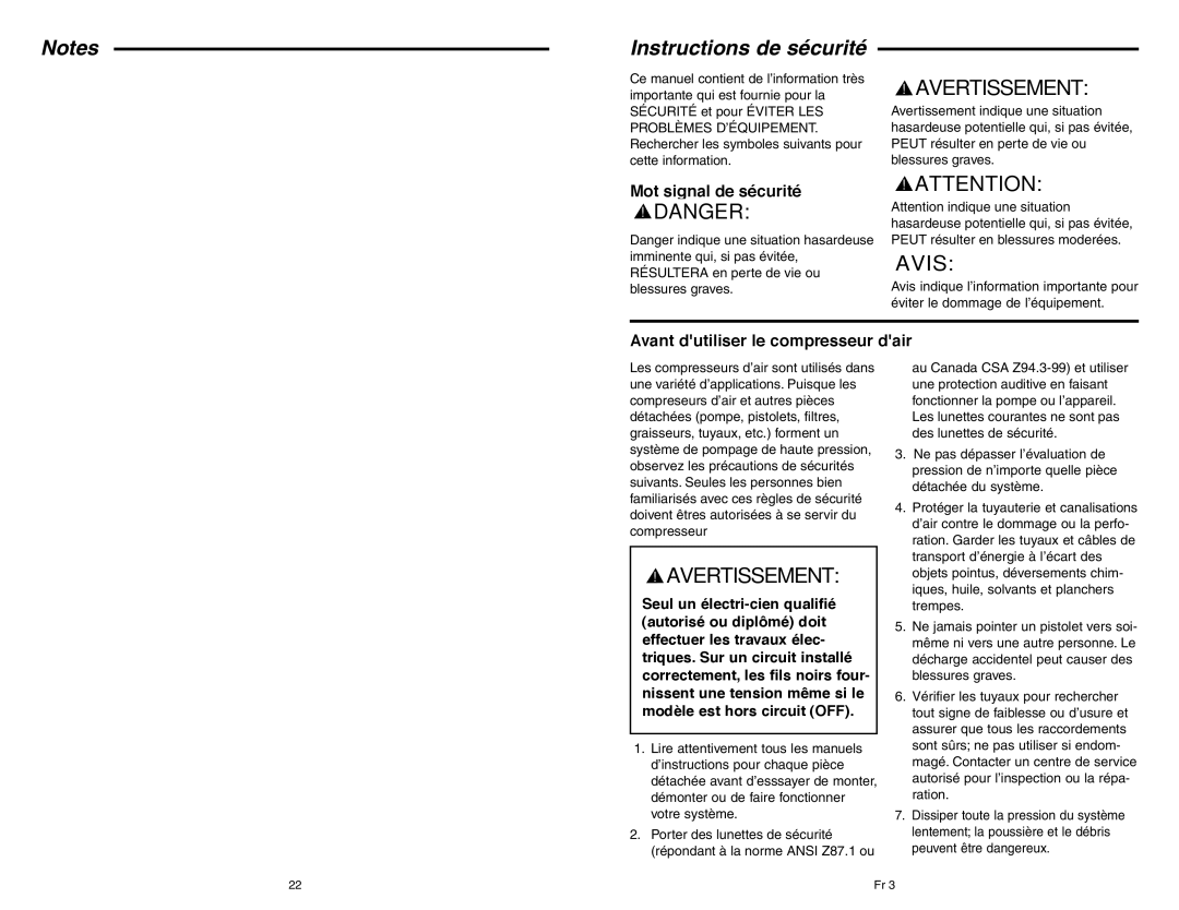 RIDGID OF45150B manual Mot signal de sécurité, Avant dutiliser le compresseur dair 