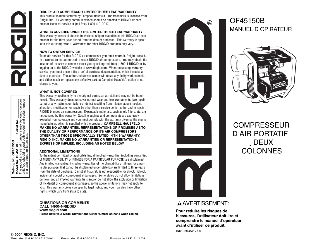 RIDGID OF45150B manual Ridgid AIR Compressor Limited Three Year Warranty, HOW to Obtain Service What is not Covered 