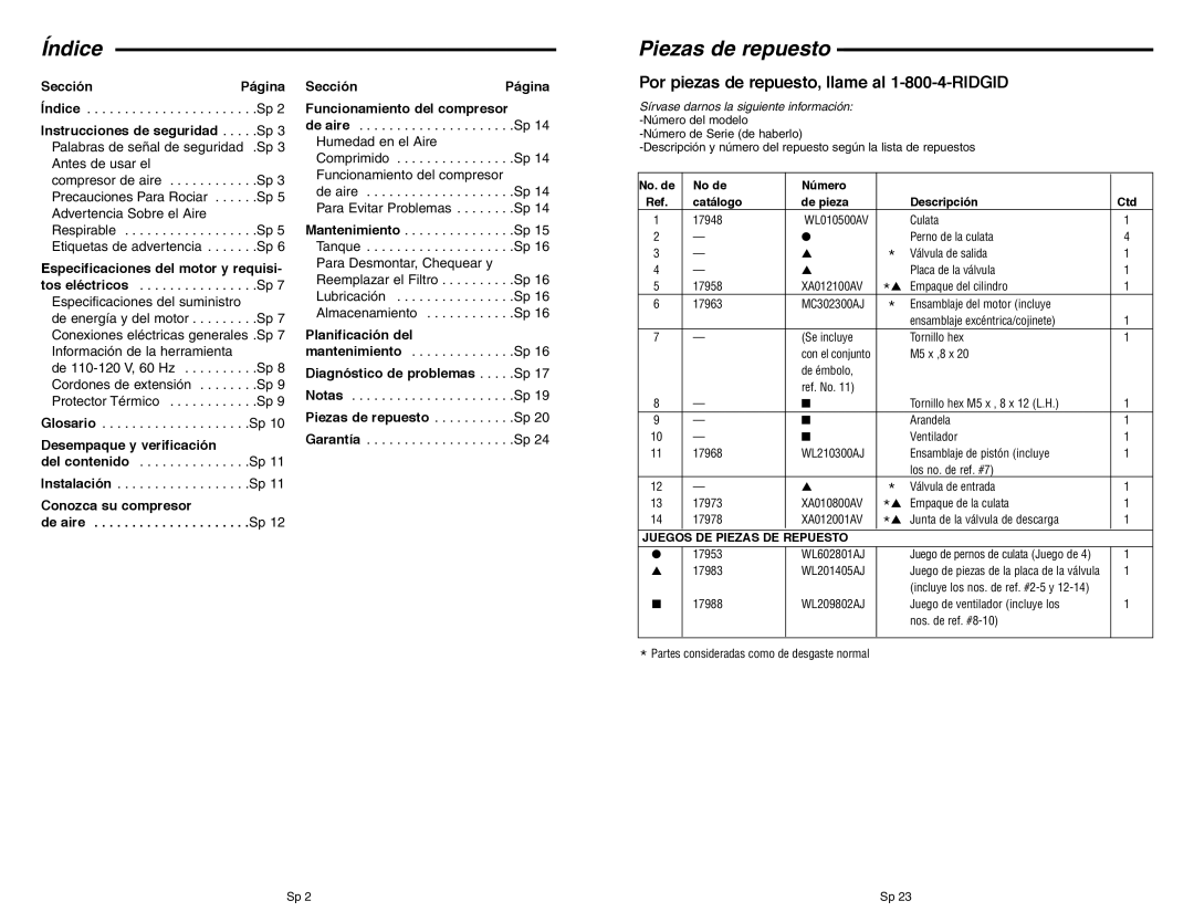 RIDGID OF45150B manual Índice, Piezas de repuesto, Por piezas de repuesto, llame al 1-800-4-RIDGID 