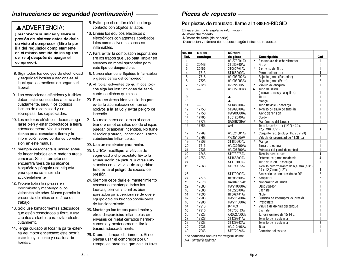 RIDGID OF45150B manual Instrucciones de seguridad continuación Piezas de repuesto 