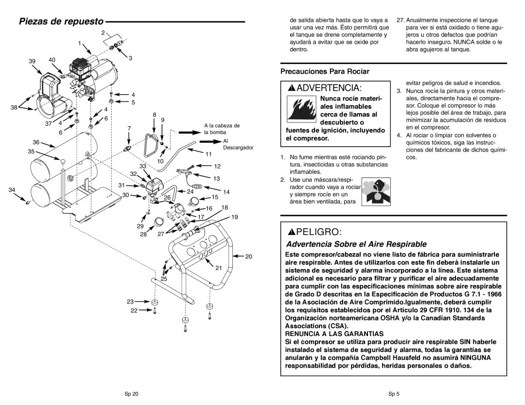 RIDGID OF45150B manual Advertencia Sobre el Aire Respirable, Precauciones Para Rociar 