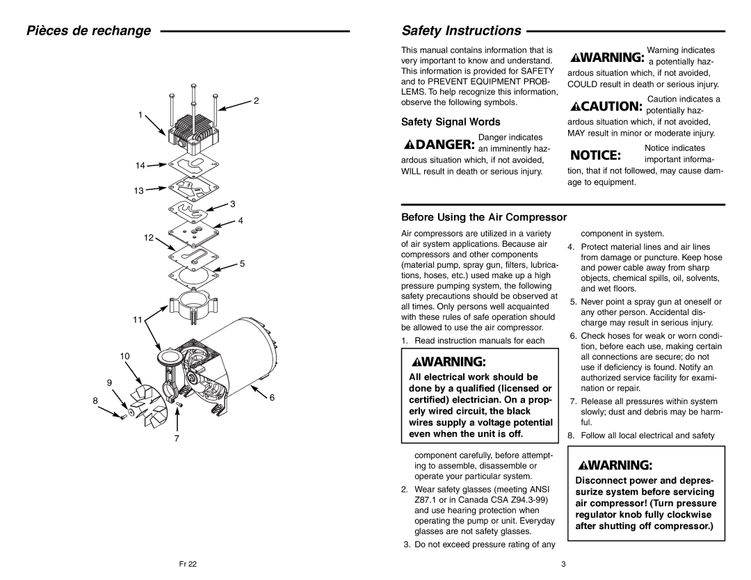 RIDGID OF45150B manual Pièces de rechange Safety Instructions, Safety Signal Words, Before Using the Air Compressor 