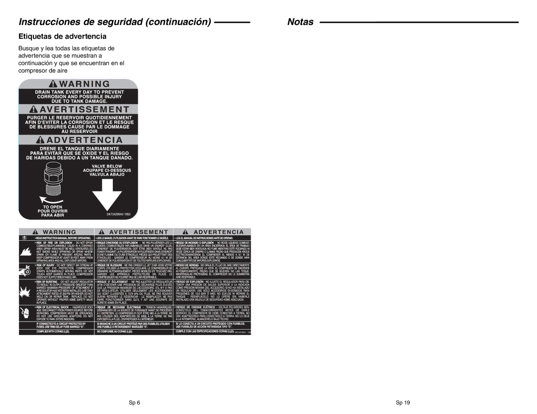 RIDGID OF45150B manual Instrucciones de seguridad continuación Notas, Etiquetas de advertencia 