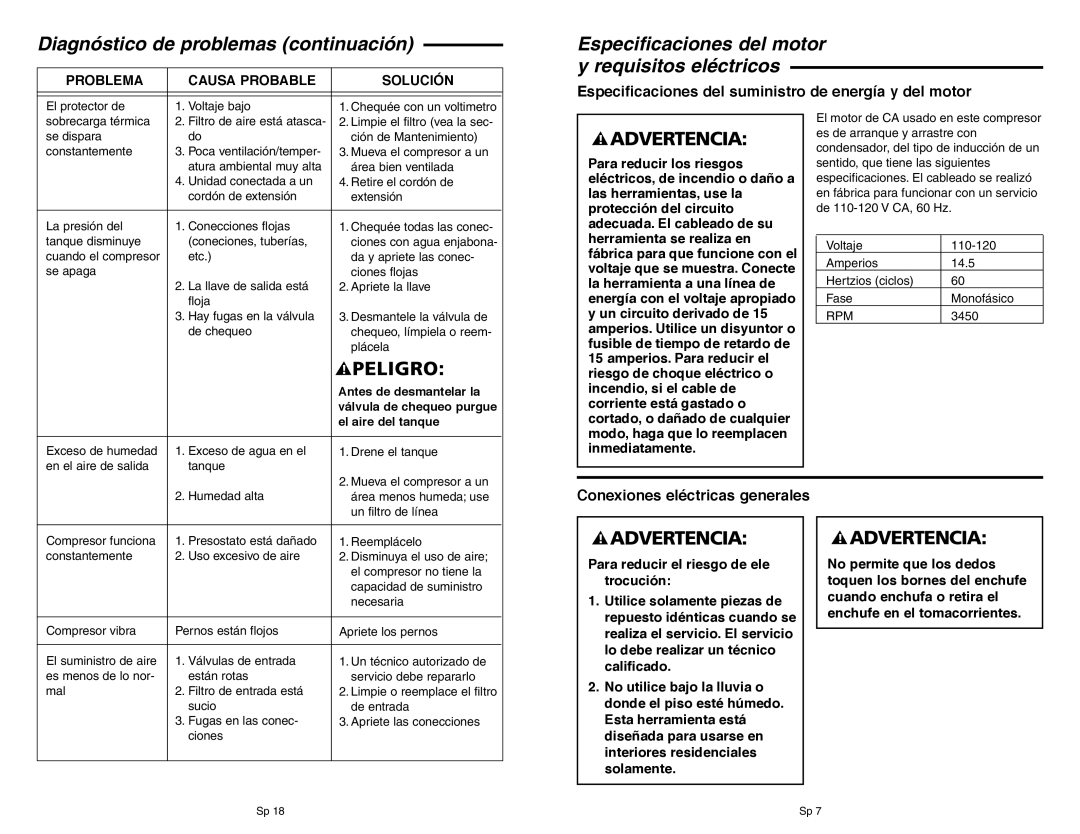 RIDGID OF45150B manual Diagnóstico de problemas continuación, Especificaciones del suministro de energía y del motor 