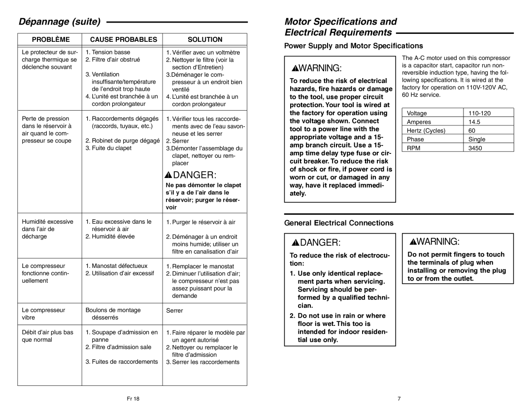 RIDGID OF45150B manual Dépannage suite, Power Supply and Motor Specifications, General Electrical Connections 