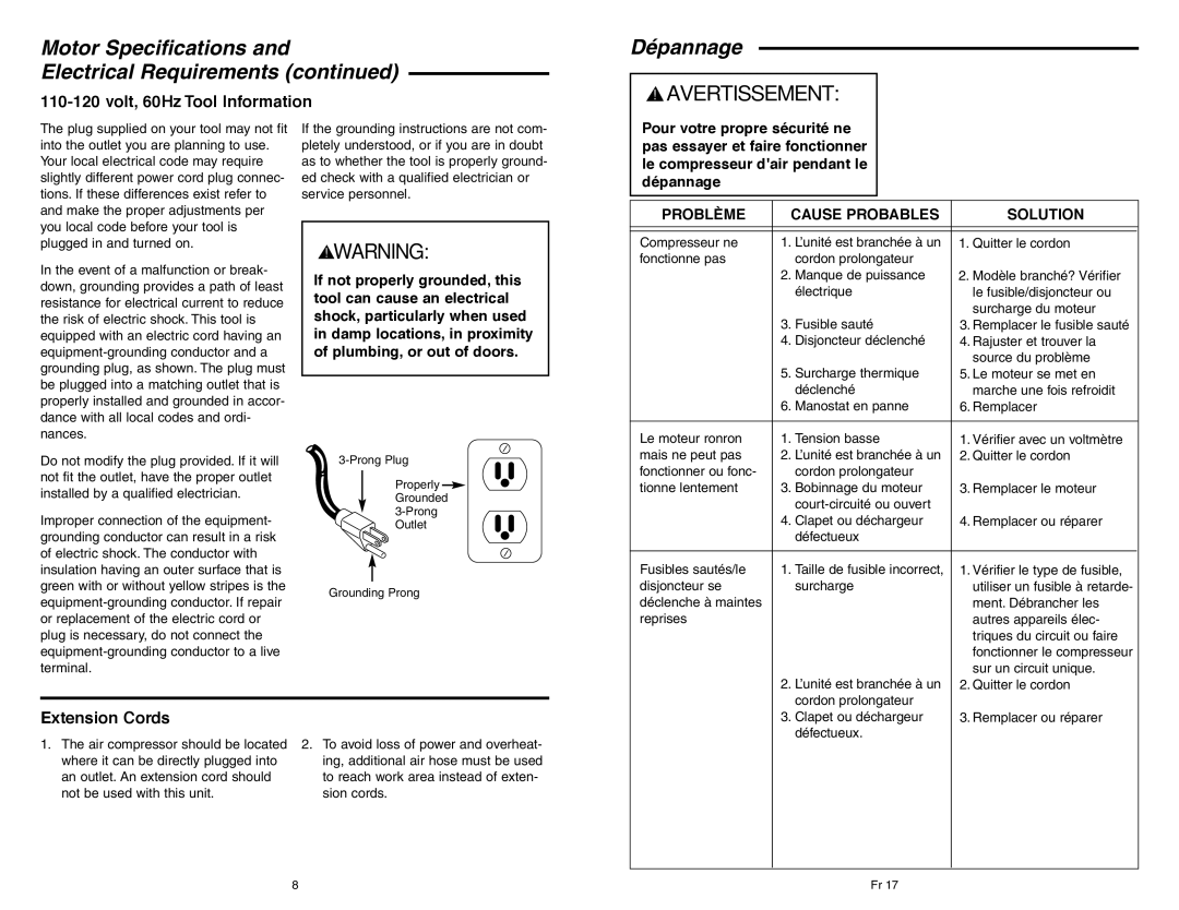 RIDGID OF45150B Motor Specifications Electrical Requirements, Dépannage, Volt, 60Hz Tool Information, Extension Cords 
