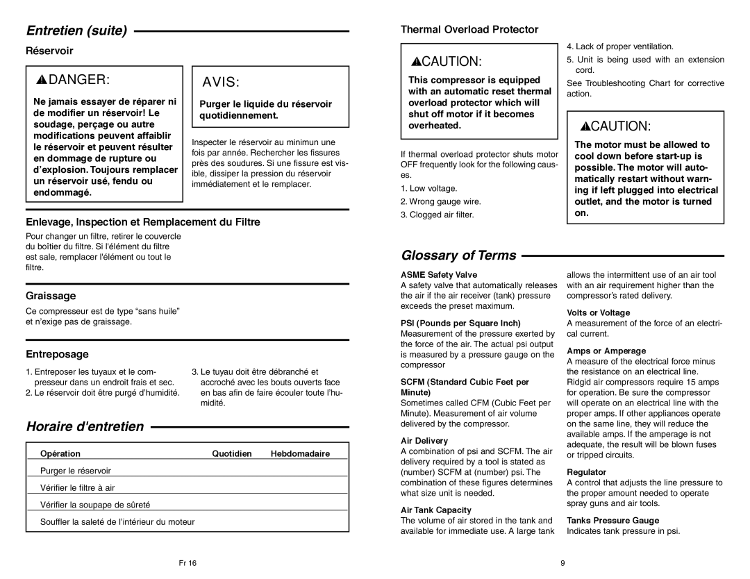 RIDGID OF45150B manual Entretien suite, Glossary of Terms, Horaire dentretien 