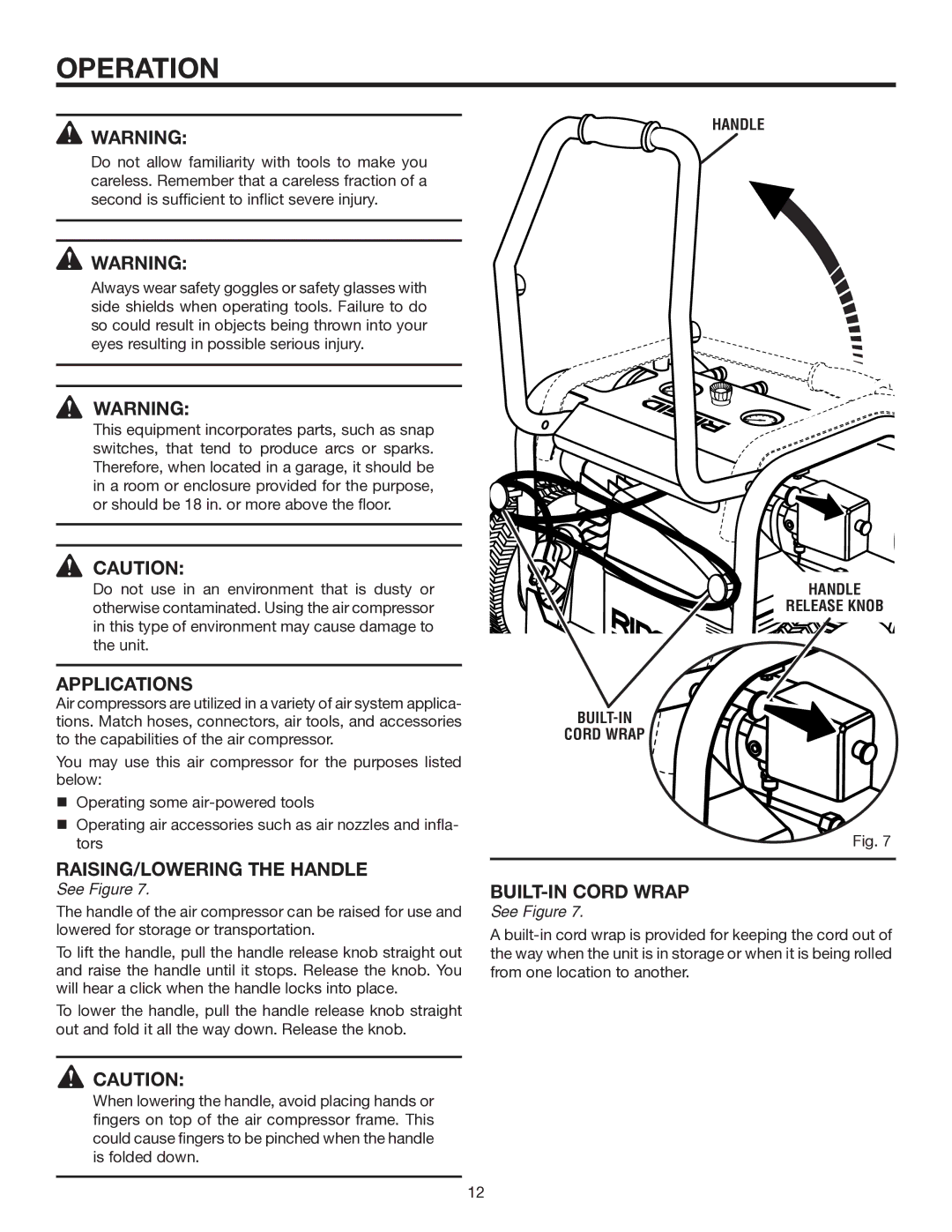 RIDGID OL50135W manual Operation, Applications, RAISING/LOWERING the Handle, Handle Release Knob BUILT-IN Cord Wrap 