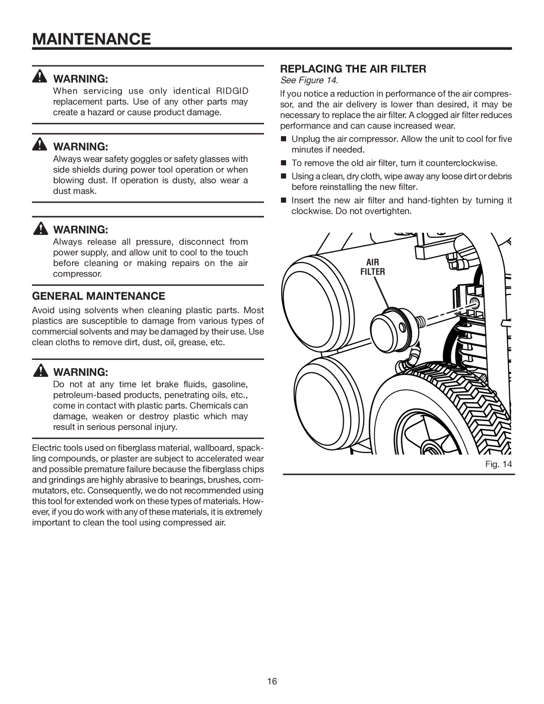 RIDGID OL50135W manual General Maintenance, Replacing the AIR Filter 