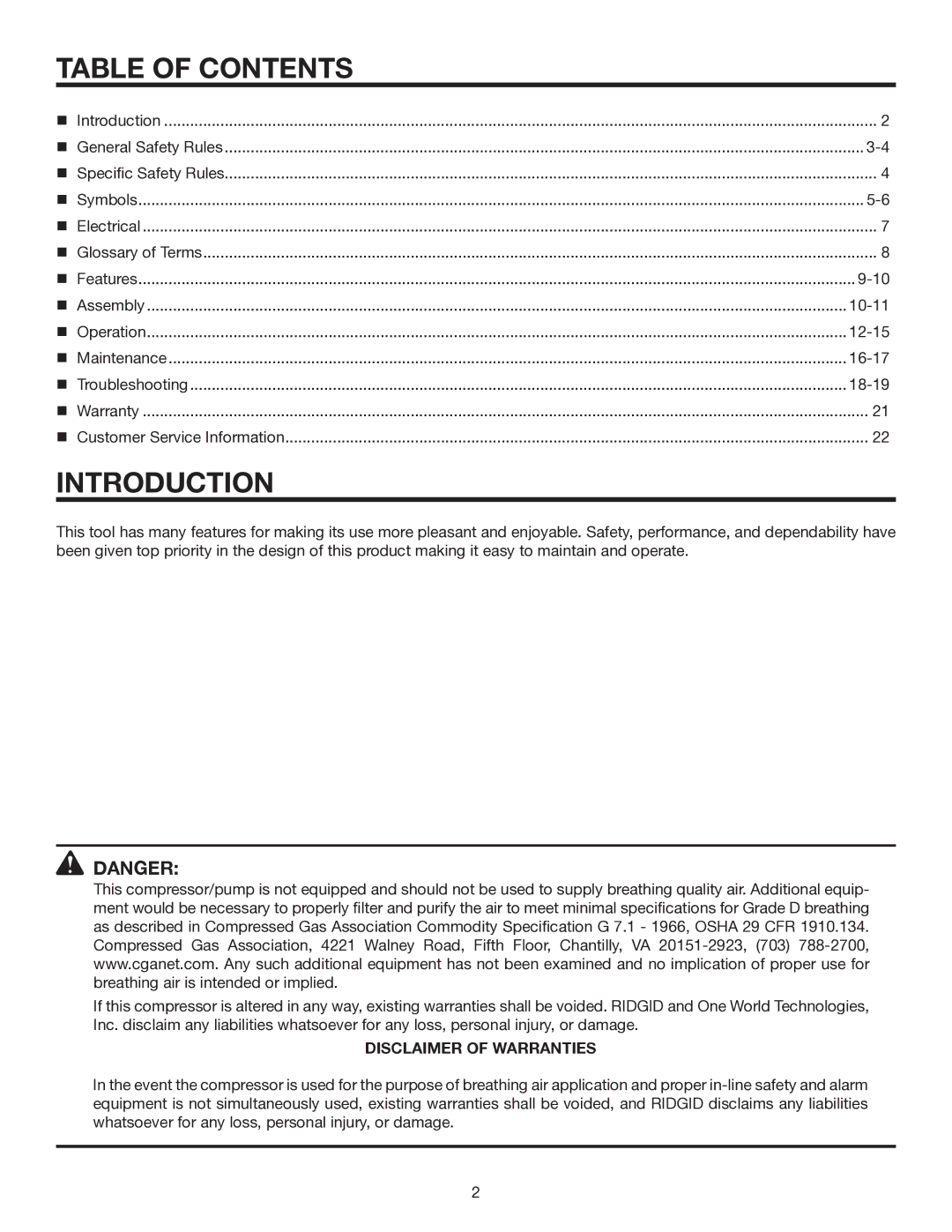 RIDGID OL50135W manual Table of Contents, Introduction 