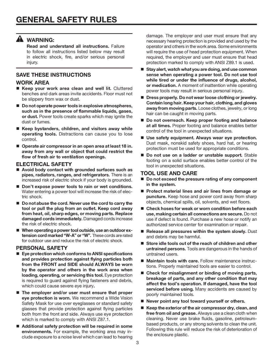 RIDGID OL50135W manual General Safety Rules, Work Area, Electrical Safety, Personal Safety, Tool USE and Care 