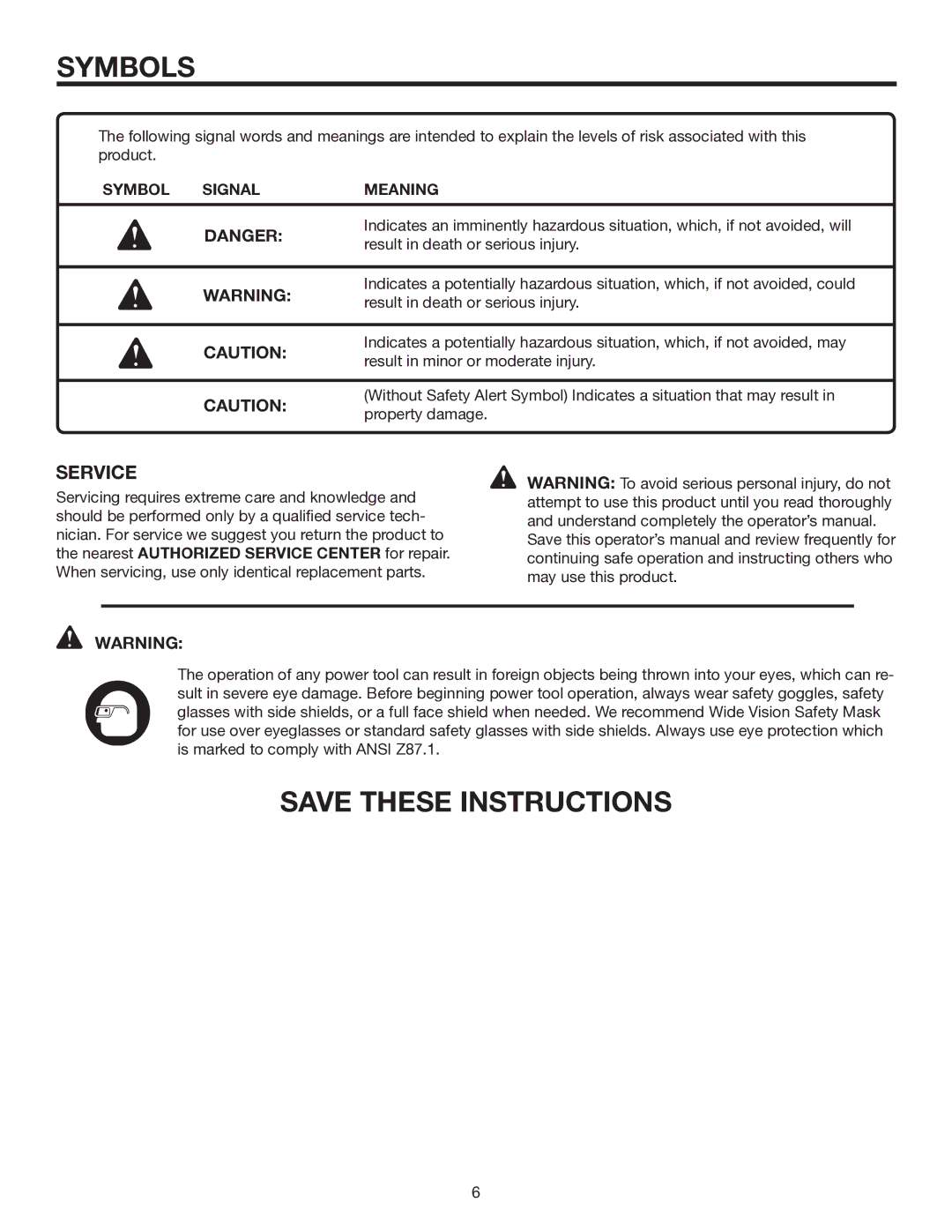 RIDGID OL50135W manual Symbol Signal Meaning 