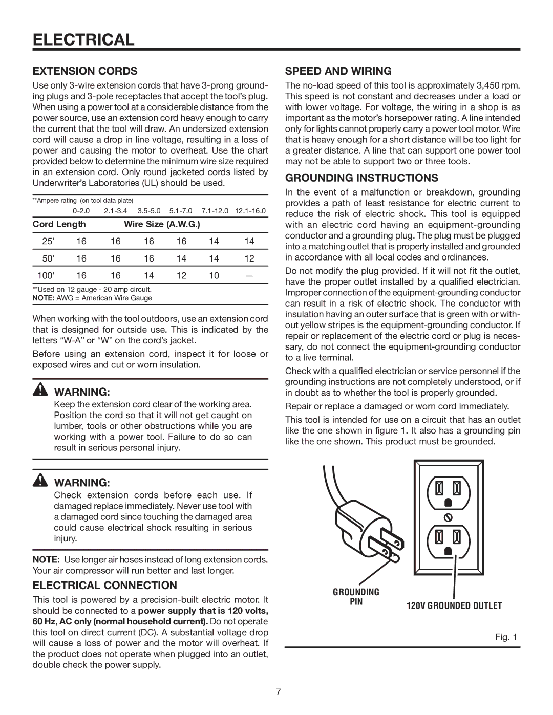 RIDGID OL50135W manual Extension Cords, Speed and Wiring, Grounding Instructions, Electrical Connection 