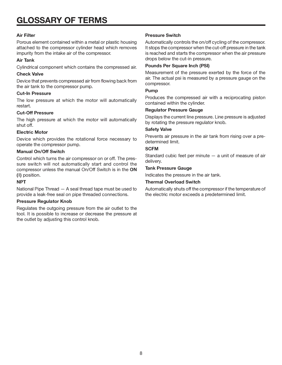 RIDGID OL50135W manual Glossary of Terms, Npt, Scfm 