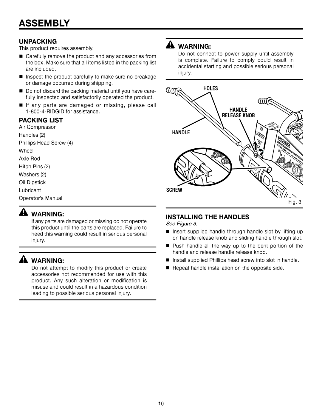 RIDGID OL50145MW manual Assembly, Unpacking, Packing List, Installing the Handles, Handle Release Knob 