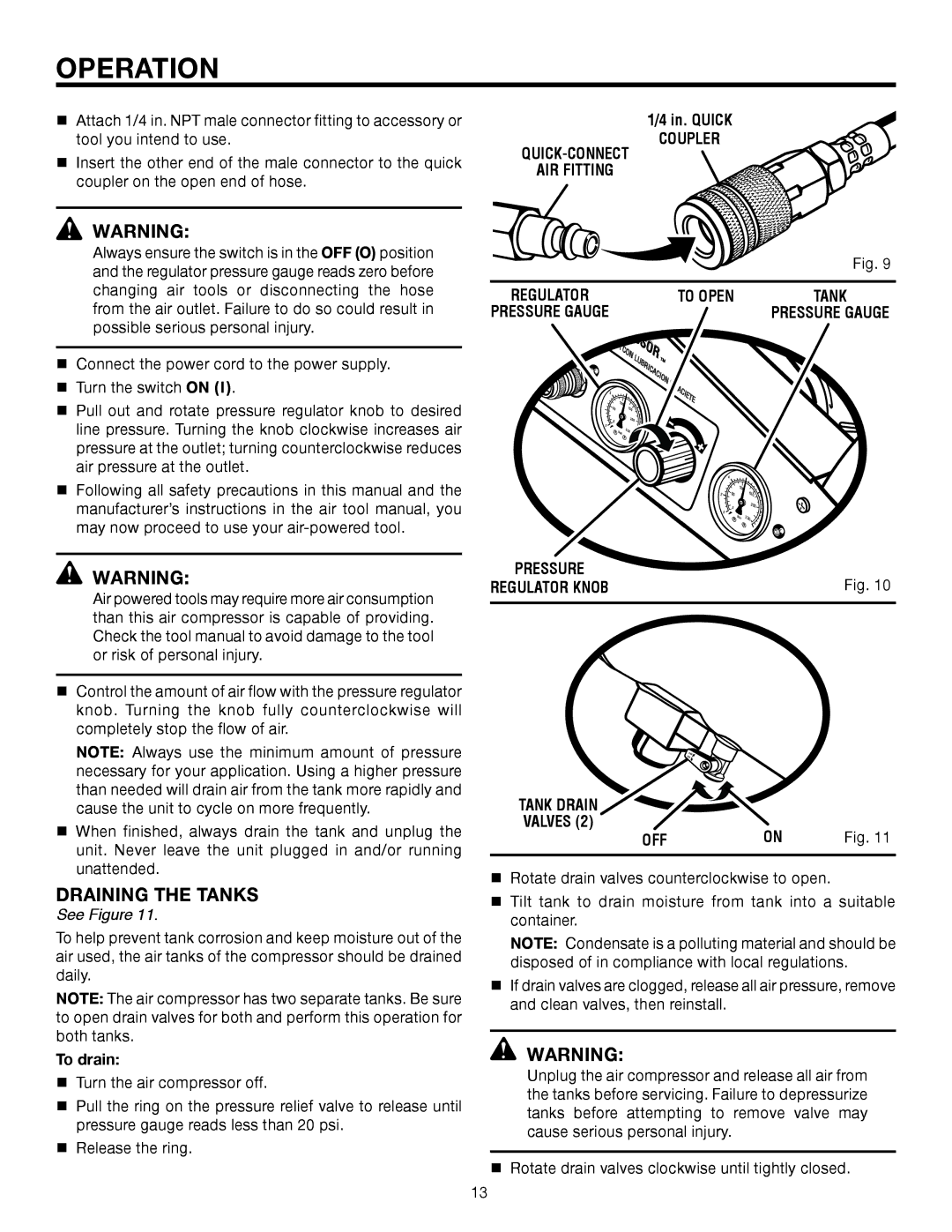 RIDGID OL50145MW manual Draining the TANKs, Quick-Connect, Coupler, Off 