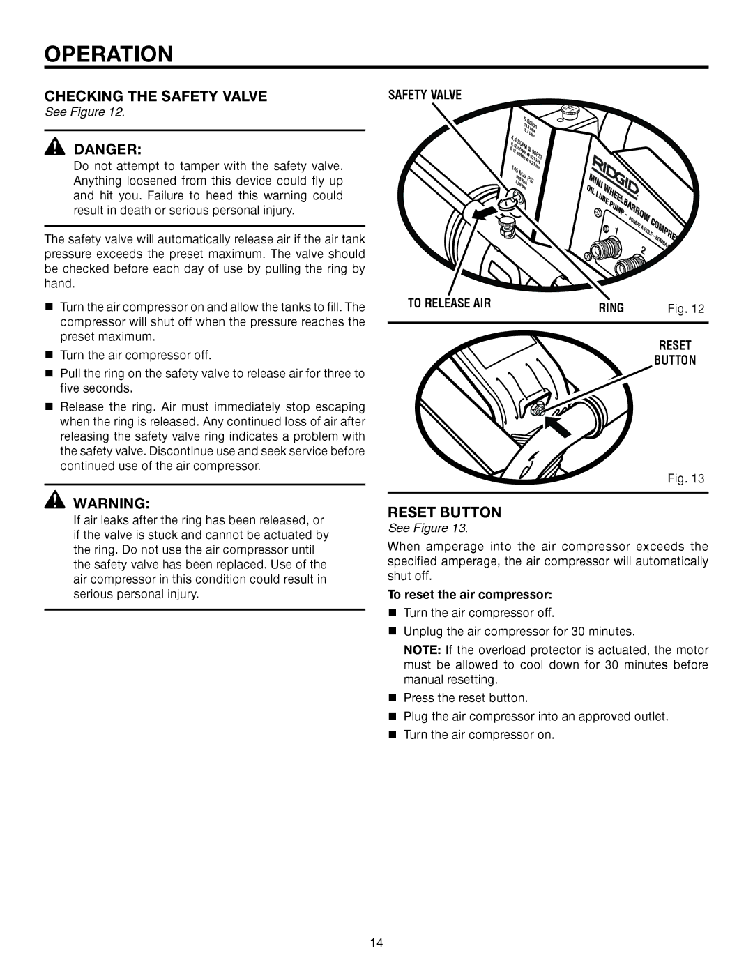 RIDGID OL50145MW Checking the Safety Valve, ReSET Button, To Release AIR Ring Reset Button, To reset the air compressor 