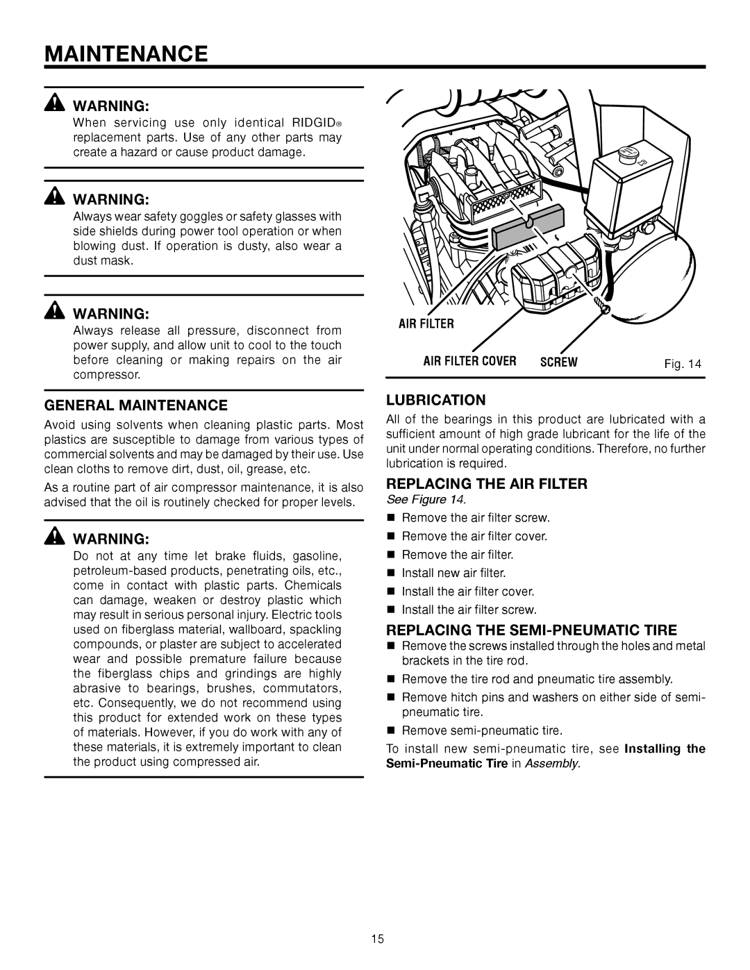 RIDGID OL50145MW manual General Maintenance, Lubrication, Replacing the AIR Filter, Replacing the SEMI-PNEUMATIC Tire 