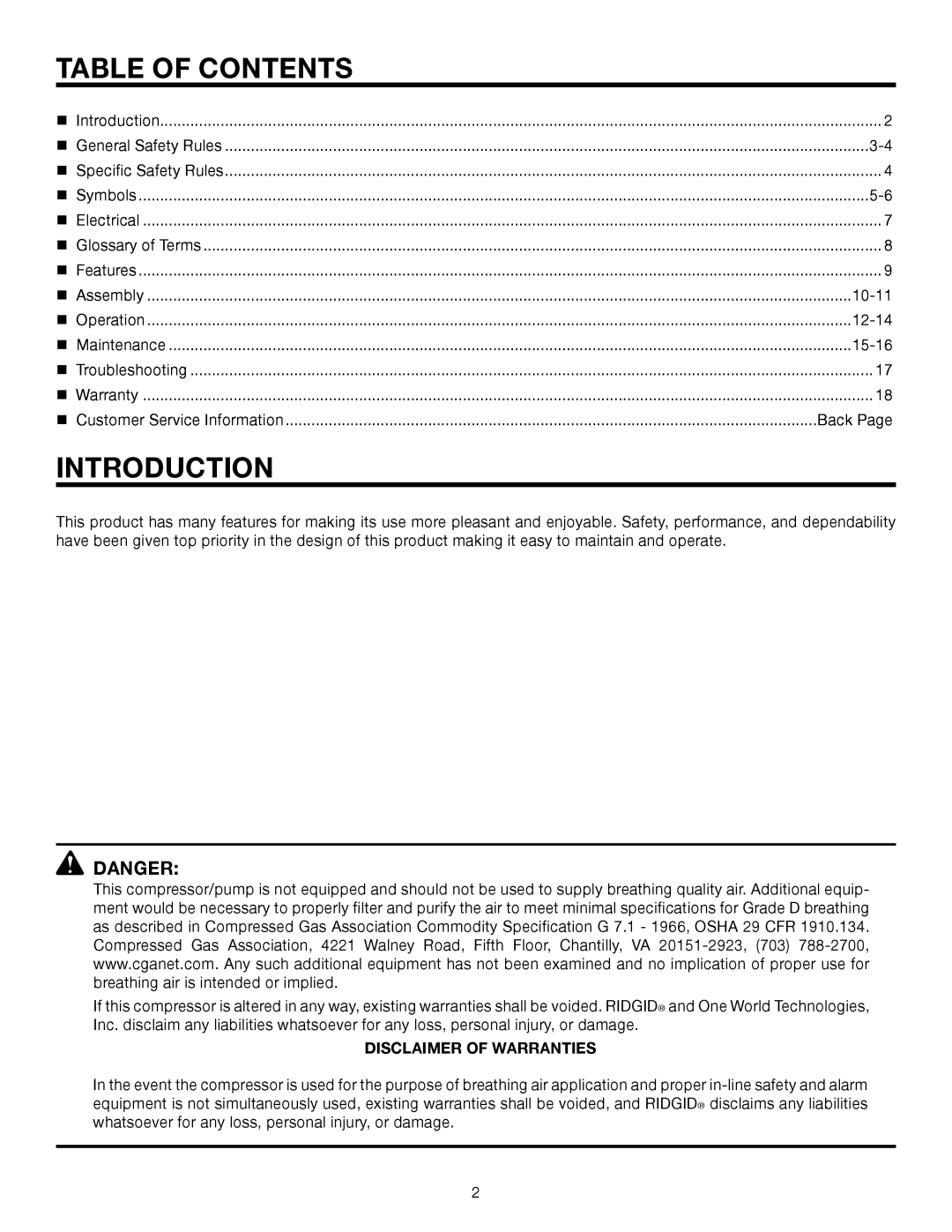 RIDGID OL50145MW manual Table of Contents, Introduction 