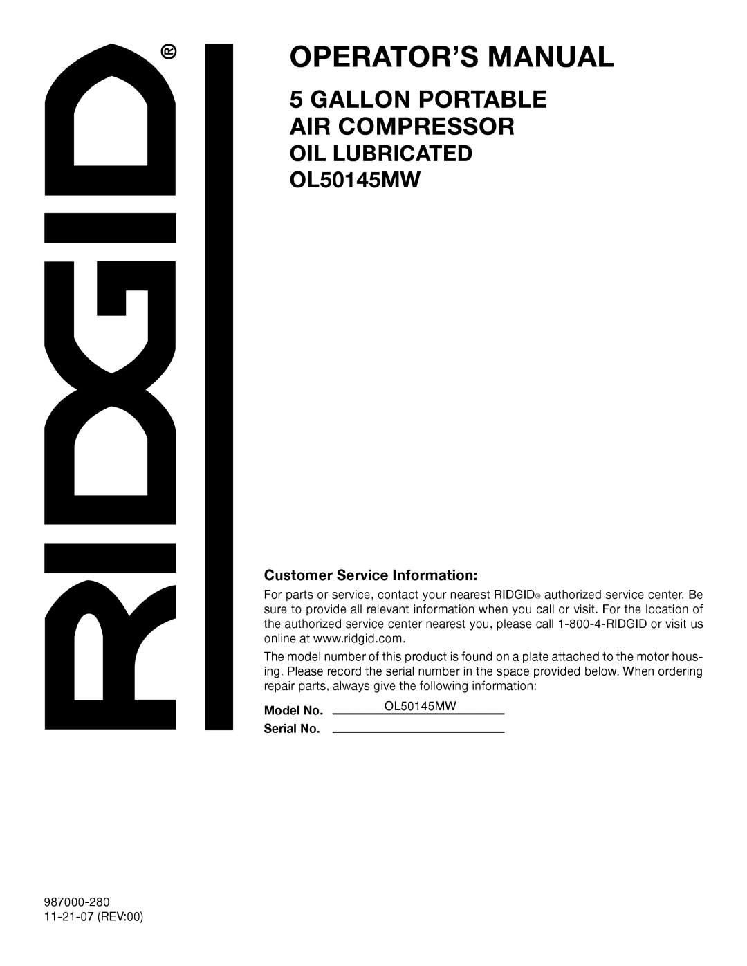 RIDGID manual Customer Service Information, Model No OL50145MW Serial No 