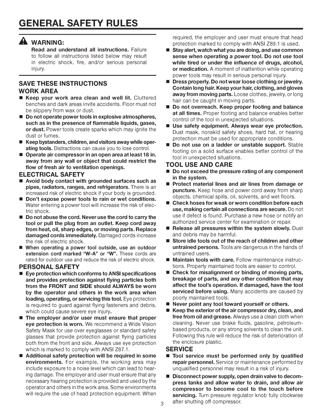 RIDGID OL50145MW manual General Safety Rules, Work Area, Electrical Safety, Tool USE and Care, Service 