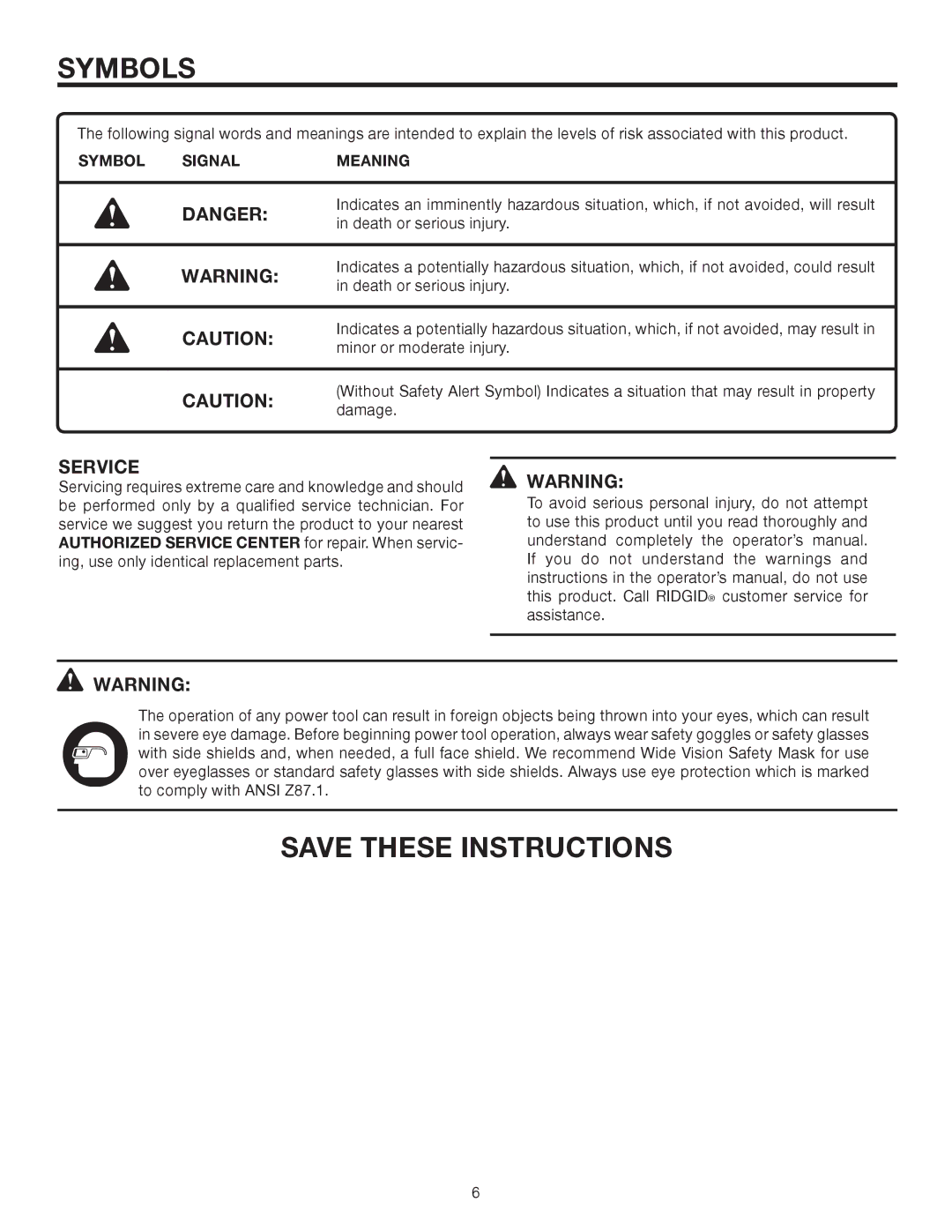 RIDGID OL50145MW manual Service, Symbol Signal Meaning 