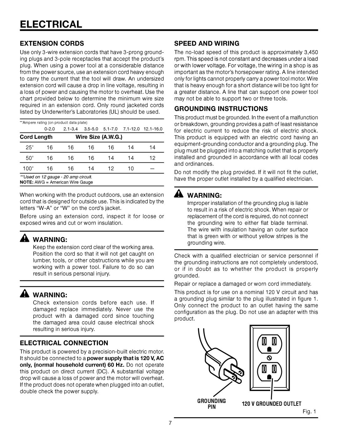 RIDGID OL50145MW manual Extension Cords, Electrical Connection, Speed and Wiring, Grounding Instructions 